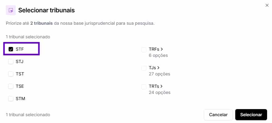 Tela para selecionar tribunal do STF