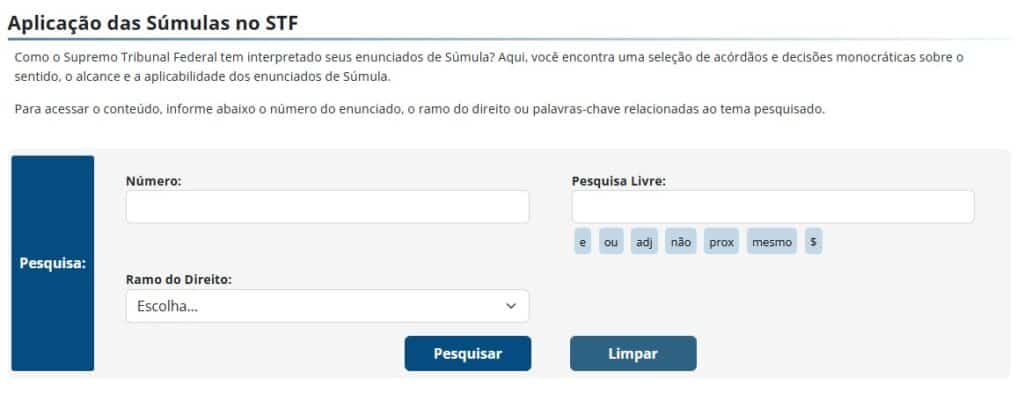 Tela para aplicação de súmulas no STF