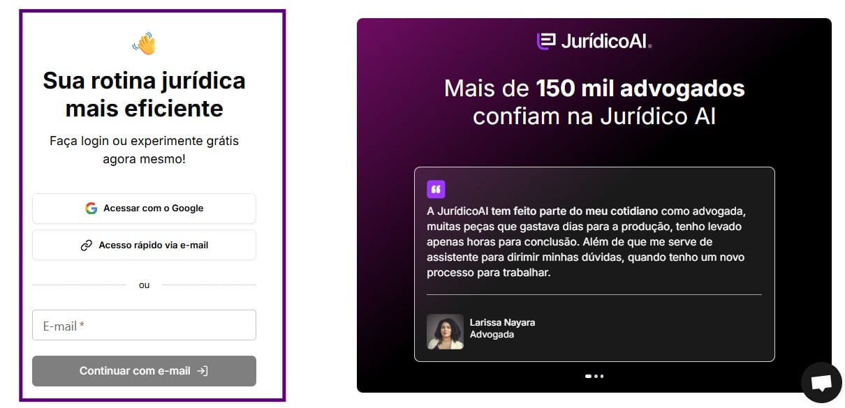 Tela de login na Jurídico AI