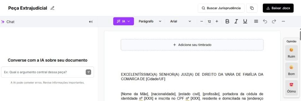Tela para editar e baixar o acordo extrajudicial de pensão alimenticia