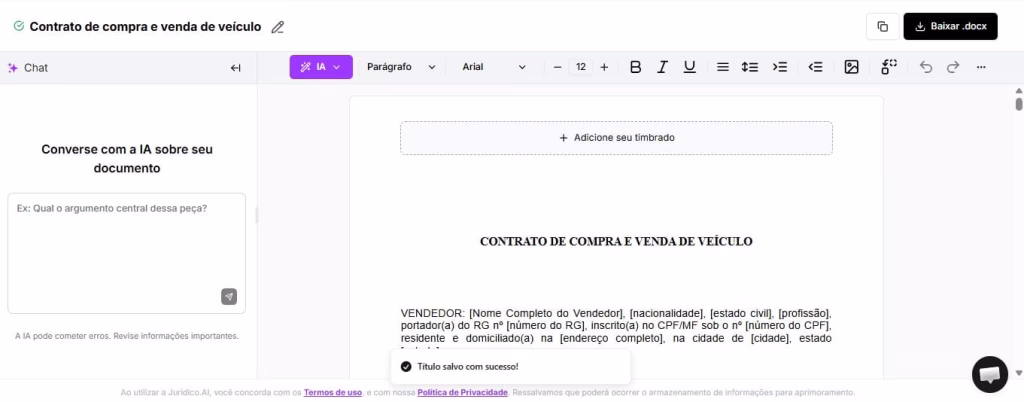 Tela para editar e baixar seu Contrato de Compra e Venda de Veículos