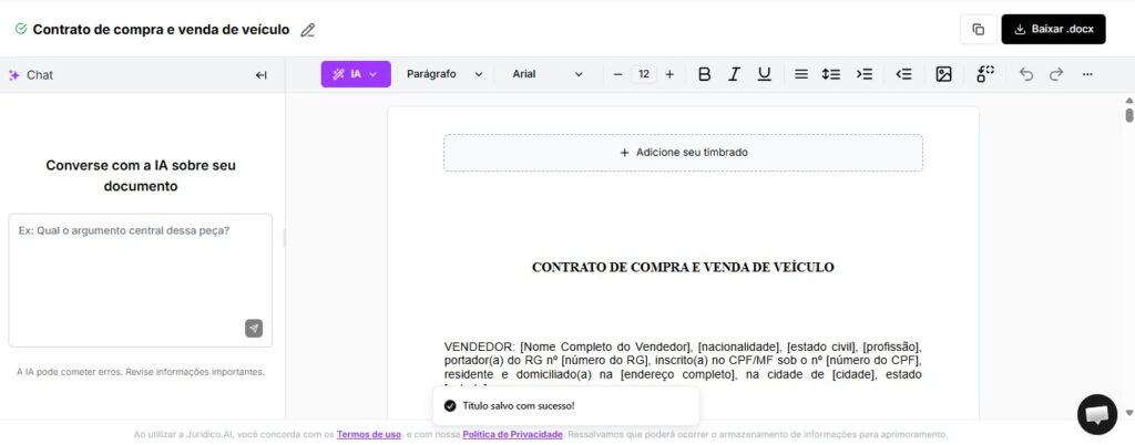 Tela para editar e baixar seu Contrato de Compra e Venda de Veículos