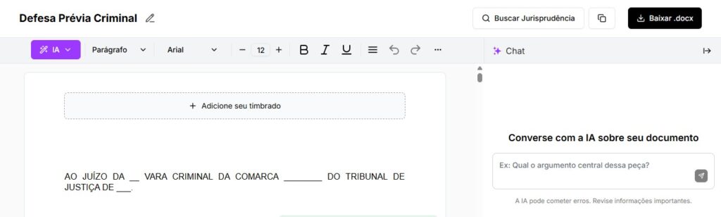 Tela para editar e baixar a defesa prévia criminal