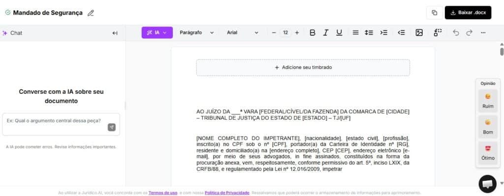 Tela para editar e baixar mandado de segurança feito pela IA