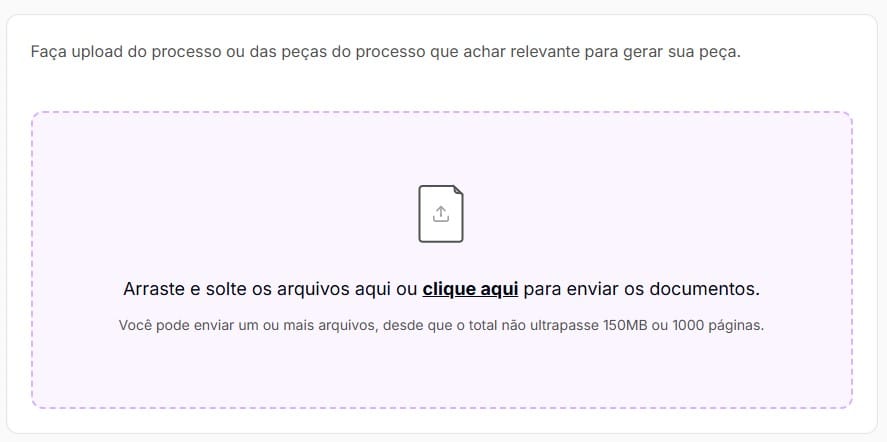 Tela para fazer uploud das peças que considere relevante