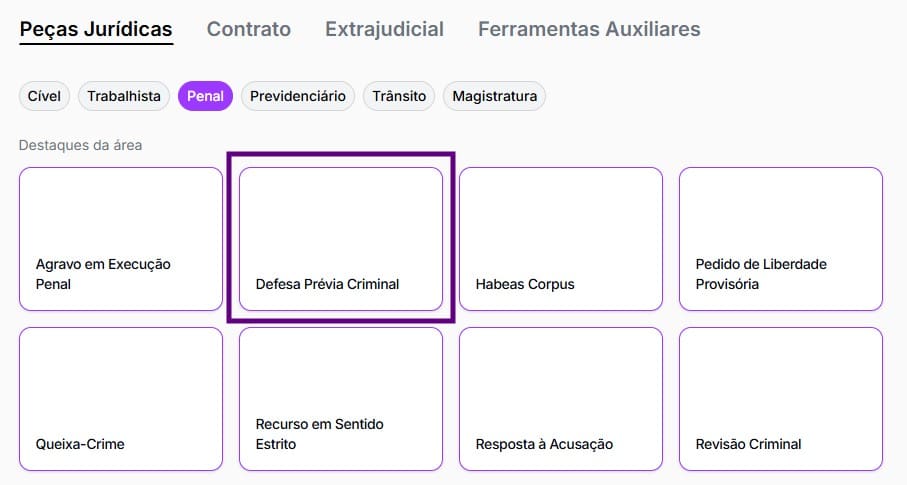 Tela para selecionar defesa prévia criminal