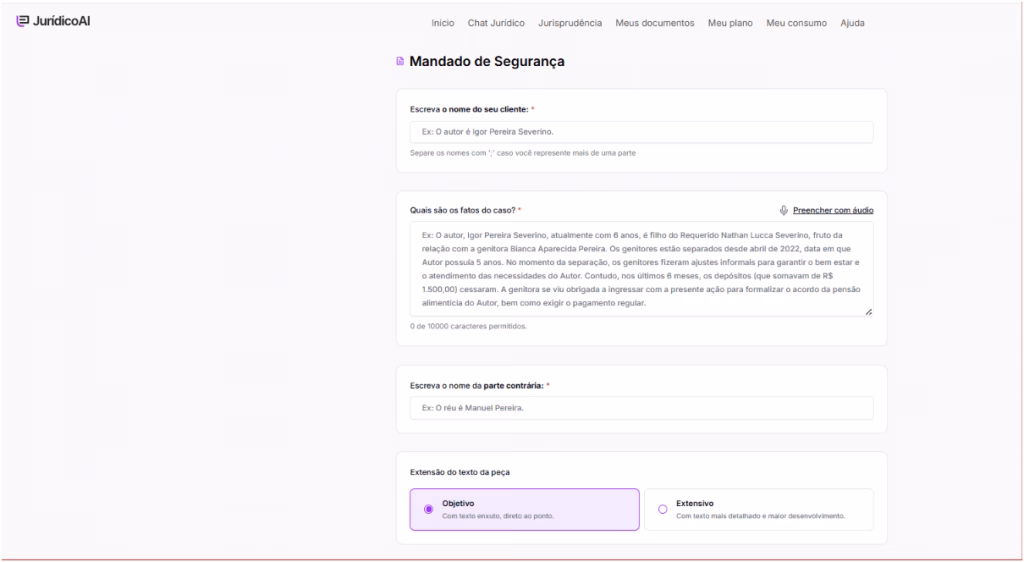 Informações necessárias para criar o modelo de mandado de segurança