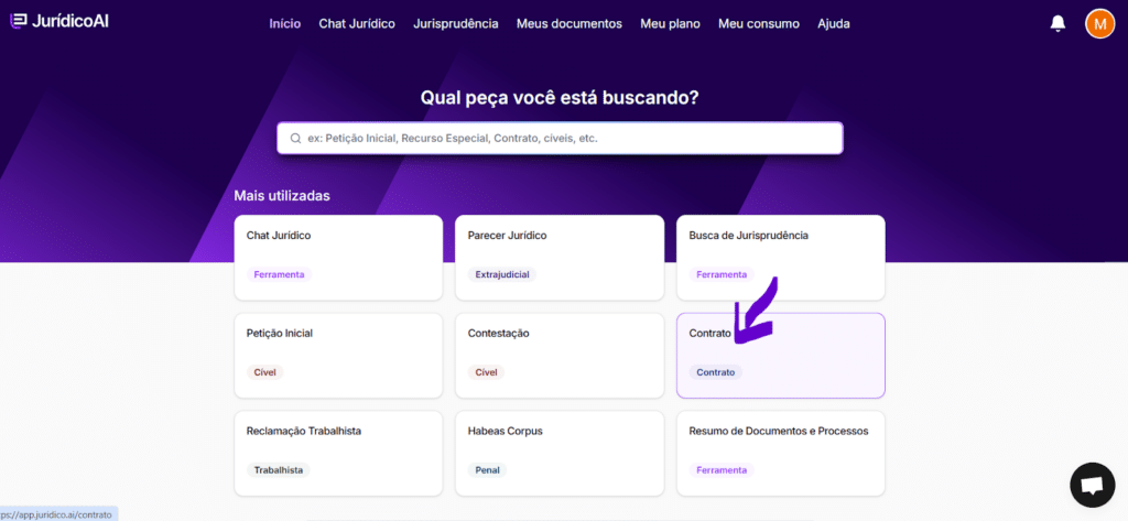 Home da plataforma da Jurídico AI