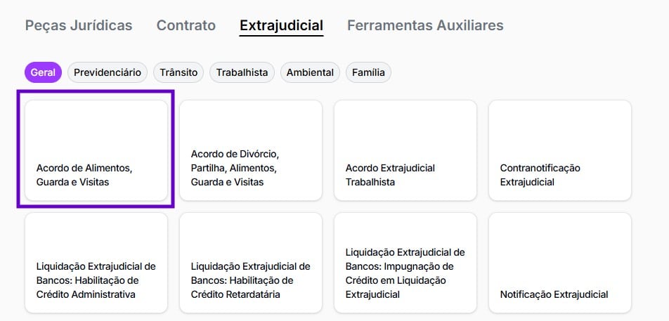 Tela para selecionar acordo extrajudicial de alimentos
