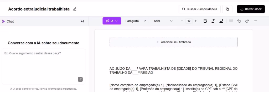 Tela para editar e baixar acordo extrajudicial trabalhista