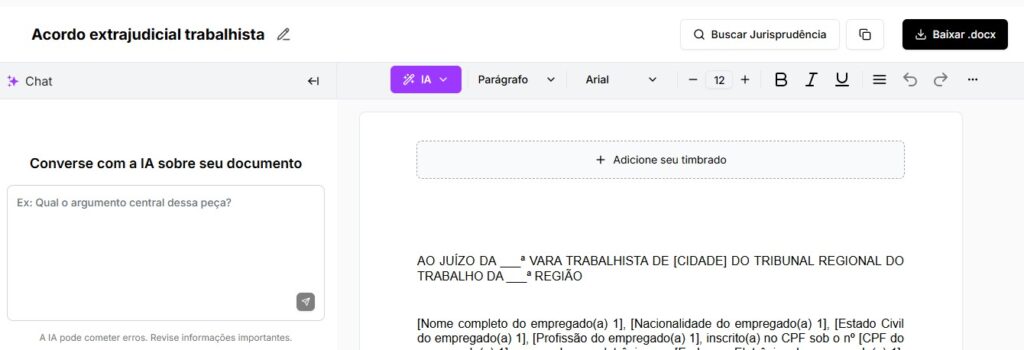 Tela para editar e baixar acordo extrajudicial trabalhista