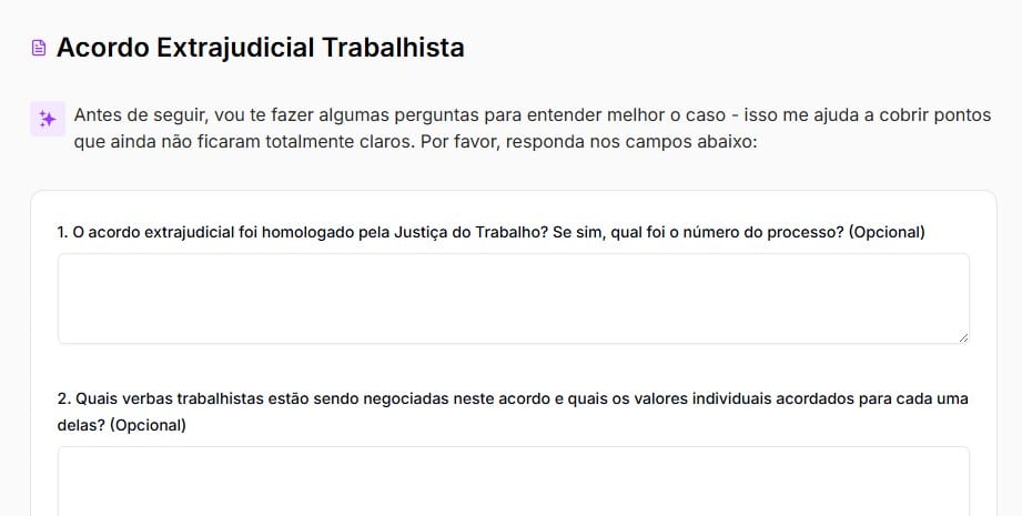 Perguntas personalizadas para gerar o acordo extrajudicial trabalhista