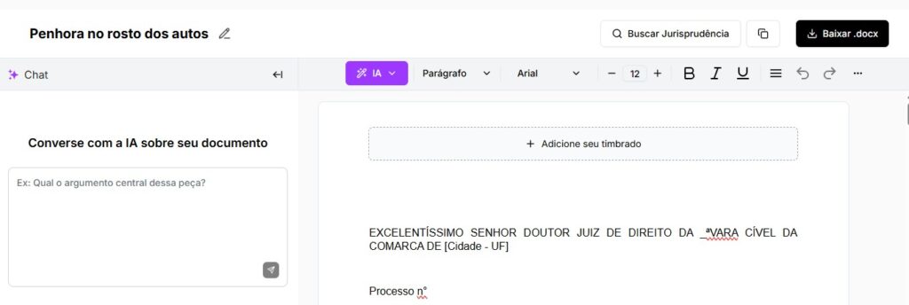 Tela para editar e baixar a penhora no rosto dos autos