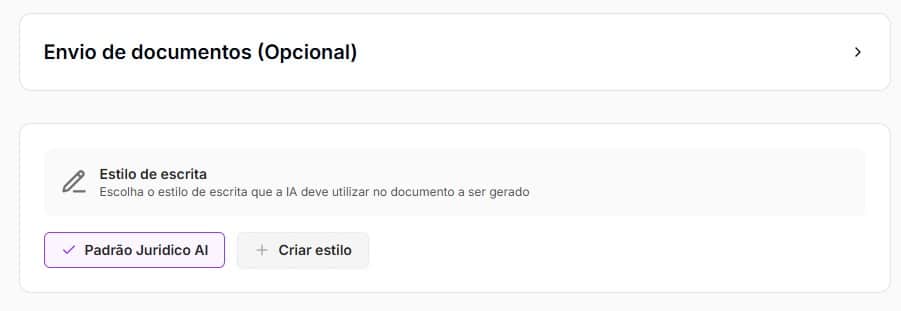 Tela para envio de documentos para fundamentar acordo extrajudicial e escolher padrão de escrita