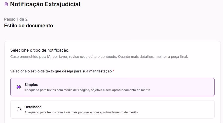Tela para escolher se sua notificação de descumprimento contratual é simples ou detalhada