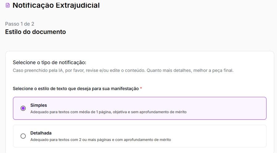 Tela para escolher se sua notificação de descumprimento contratual é simples ou detalhada