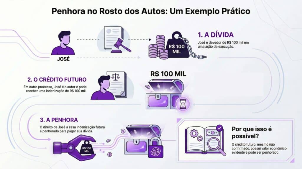 Infográfico sobre exemplo prático de penhora no rosto dos autos