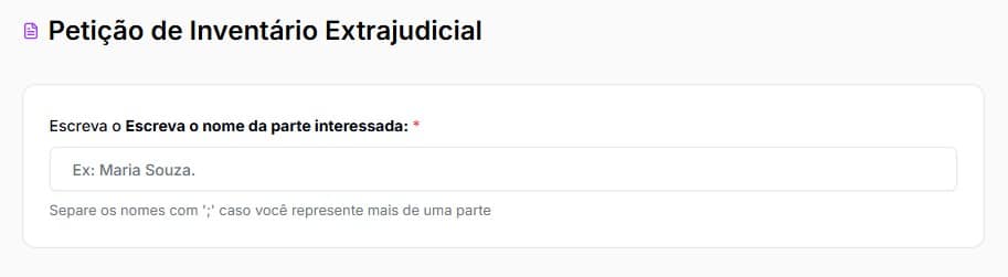 Tela para completar com nome da parte interessada