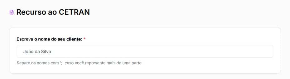 Tela para preencher com nome do cliente do Recurso ao CETRAN