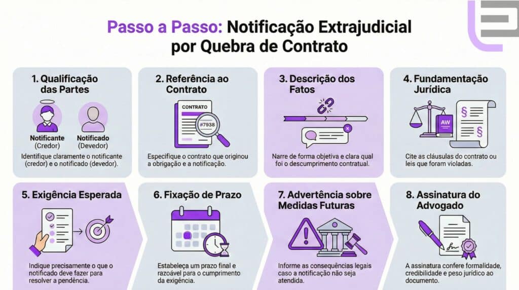 Passo a passo indicando como fazer uma notificação de descumprimento contratual