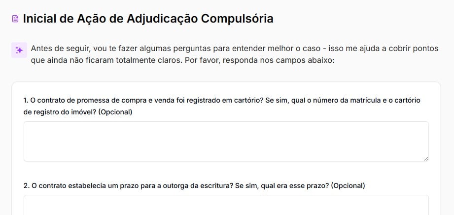 Tela com perguntas personalizadas sobre a Ação de Adjudicação Compulsória
