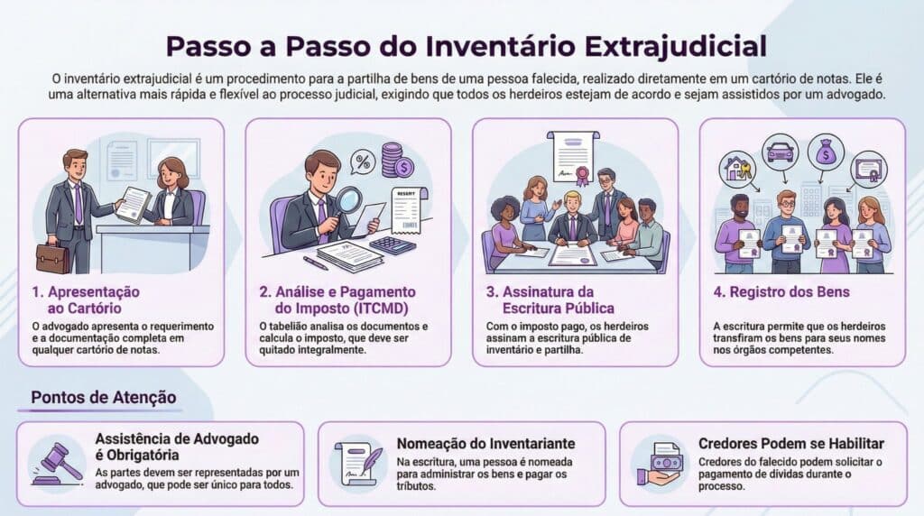 Infográfico com passo a passo do invetário extrajudicial