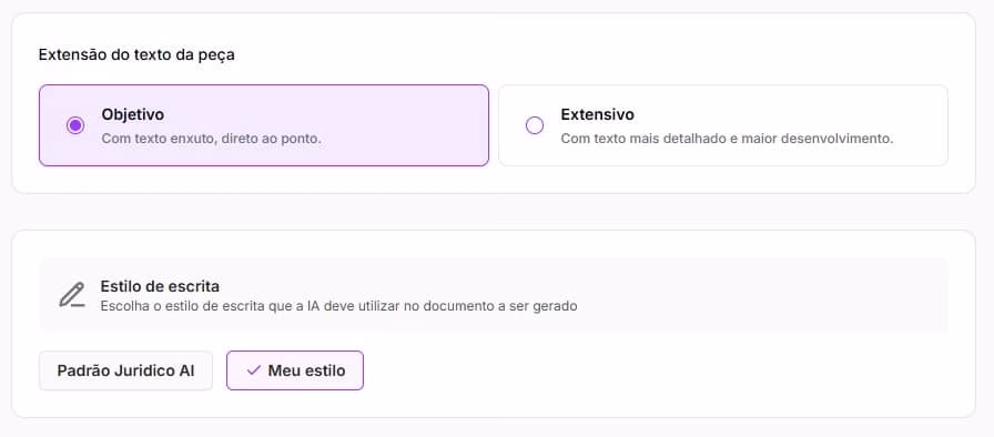 Tela para personalização da resposta à acusação
