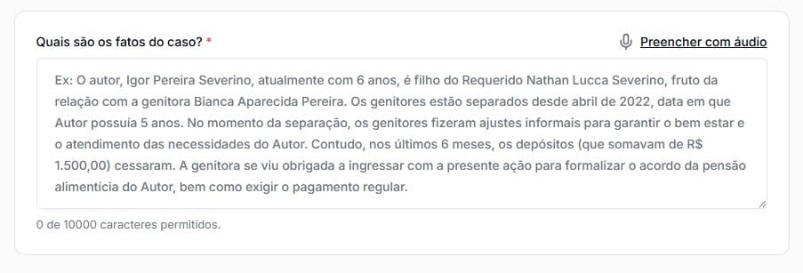 Tela para preencher os fatos da Ação de Adjudicação Compulsória