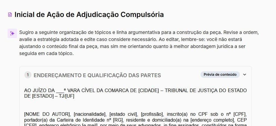 Tela com a prévia da Ação de Adjudicação Compulsória