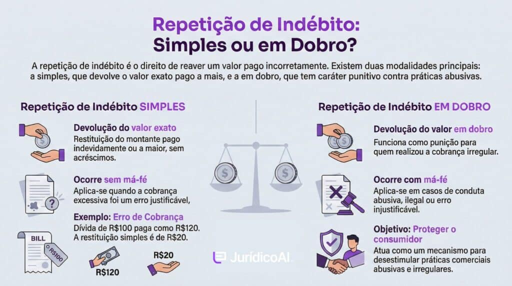 Infográfico com diferença entre repetição de indébito simples ou em dobro