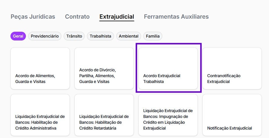 Tela para selecionar o acordo extrajudicial trabalhista