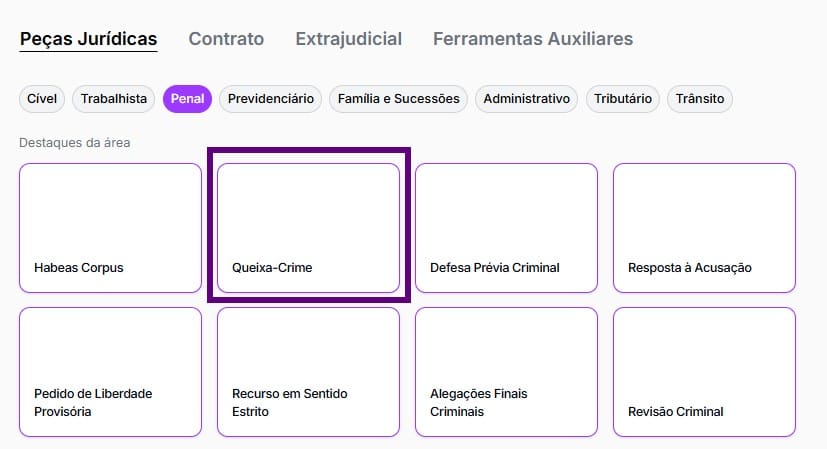 Tela para selecionar queixa-crime