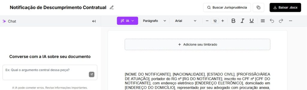 Tela para editar e baixar notificação de descumprimento contratual