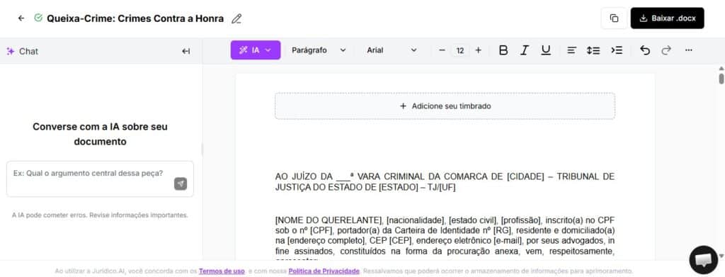 Tela par editar e baixar queixa-crime