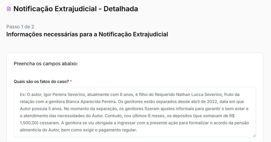 Tela para preencher com os fatos da notificação de descumprimento contratual