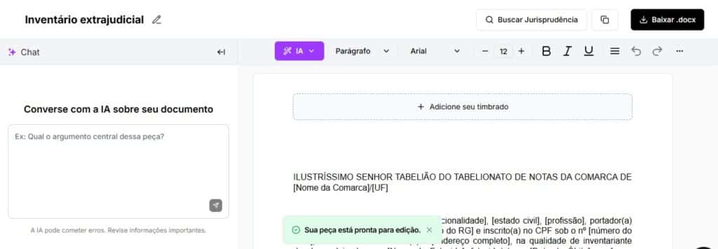 Tela para editar e baixar inventário extrajudicial 