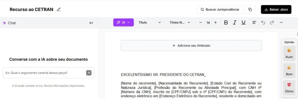 Tela para editar e baixar Recurso ao CETRAN
