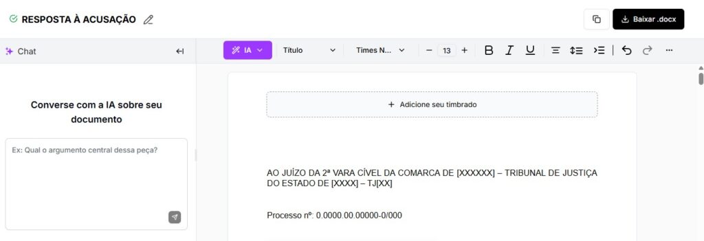 Tela para editar e baixar Resposta à Acusação