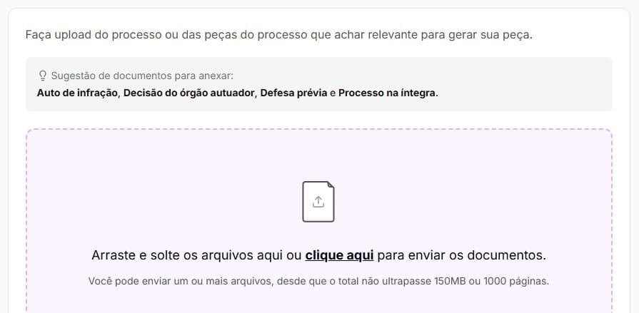Tela para fazer uploud para fundamentar melhor o Recurso ao CETRAN
