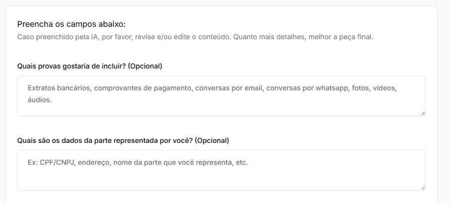 Tela para preencher com dados adicionais e fundamentar melhor a notificação de descumprimento contratual