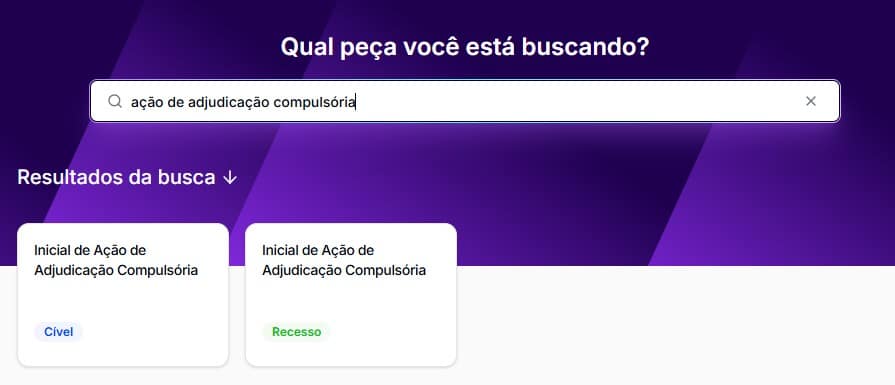 Tela para selecionar Ação de Adjudicação Compulsória