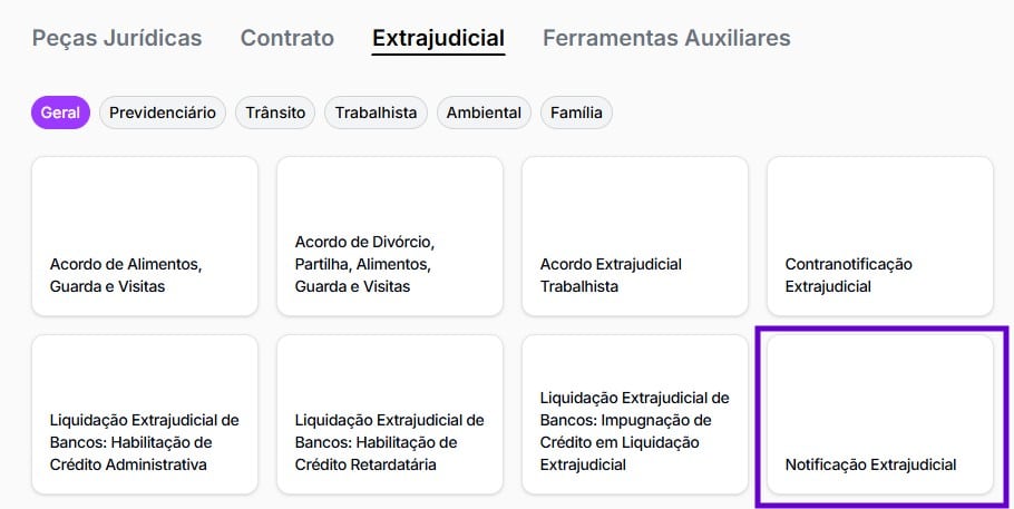 Tela para selecionar notificação extrajudicial