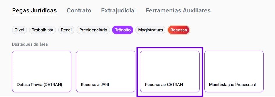Tela para selecionar Recurso ao CETRAN