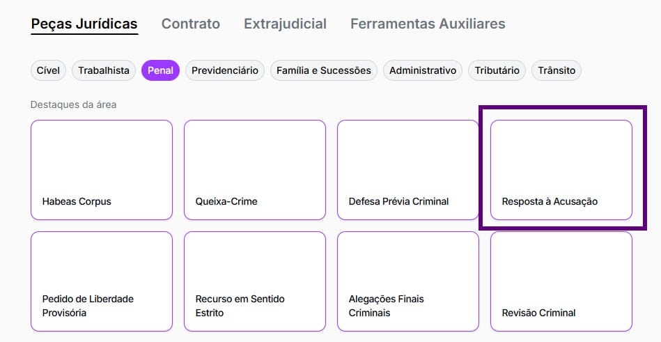 Tela com card de Resposta à Acusação