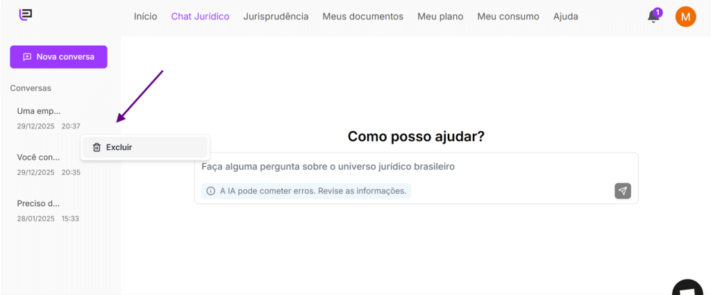 Tela do Chat Jurídico da Jurídico AI, mostrando como excluir uma conversa. 