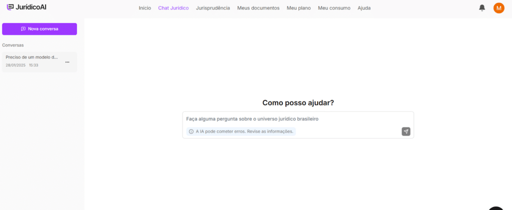 Tela de conversas do Chat Jurídico da Jurídico AI