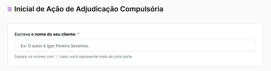 Tela para preencher nome do cliente na Ação de Adjudicação Compulsória