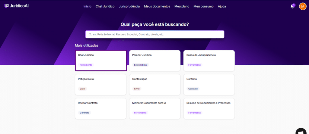 Tela principal mostrando como acessar o "Chat Jurídico da Jurídico AI".