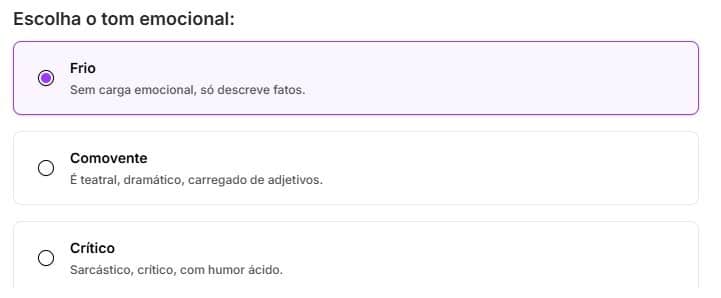 Tela com escolha de tom emocional