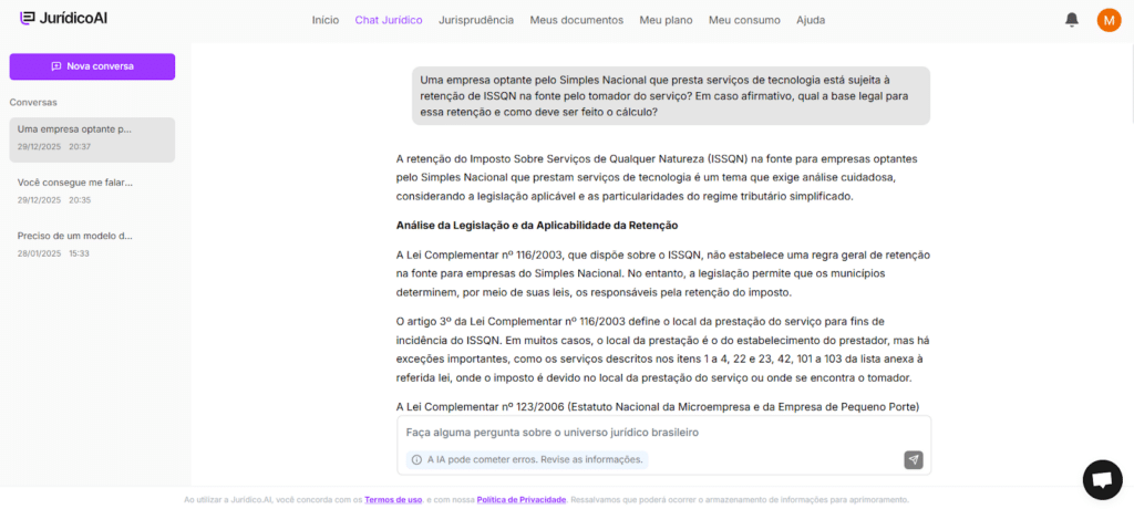 Um exemplo de como usar o Chat Jurídico da Jurídico AI